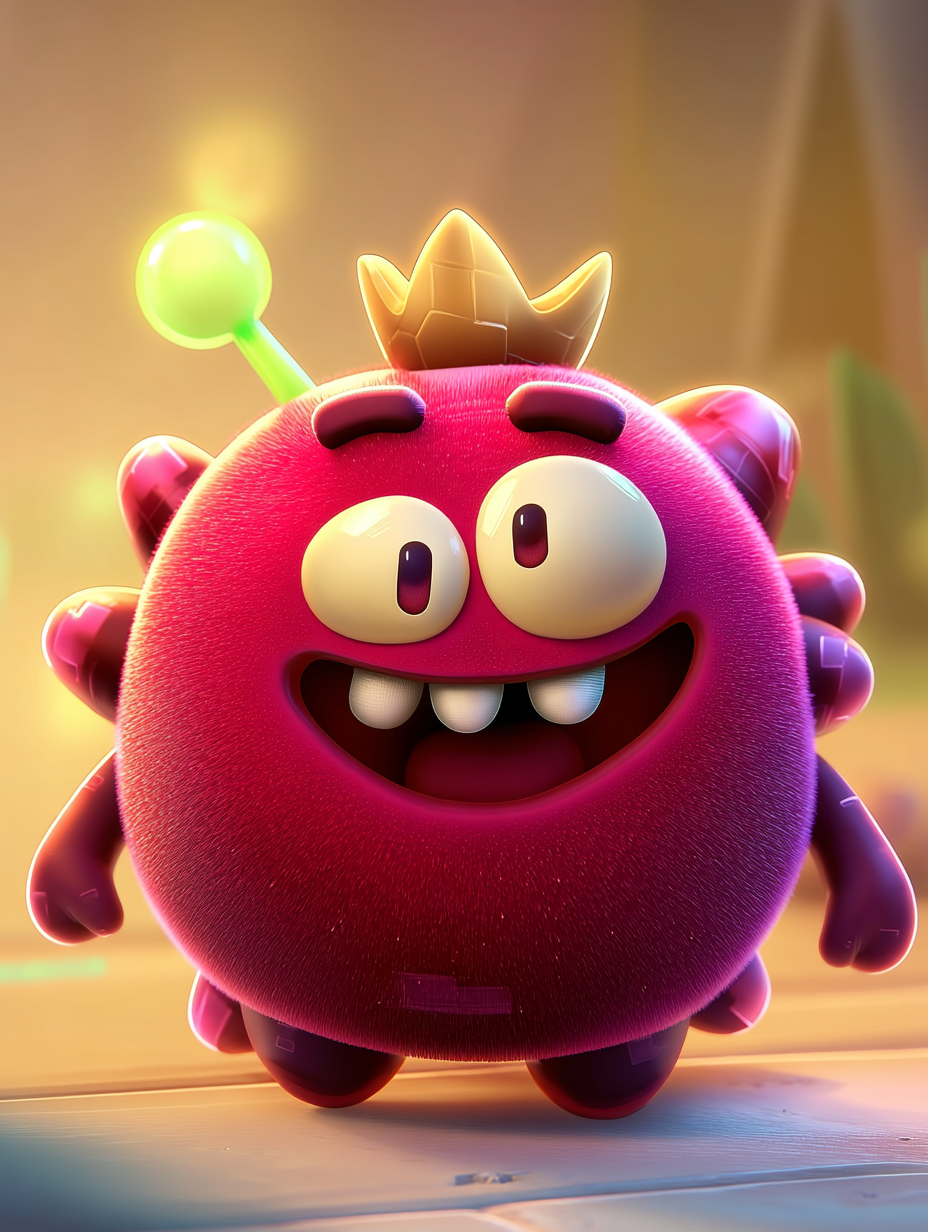 Bugzy, a plump magenta glitch creature with a golden crown and lime antenna orb, standing with a mischievous gap-toothed grin