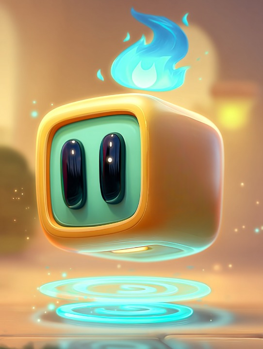 Cody, a floating golden cube coding buddy with a cyan flame and cyan hover-ring, hovering in warm golden light