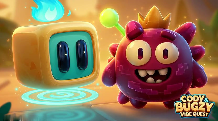 Cody, a golden cube-shaped coding buddy with a cyan flame, hovering on a glowing ring beside Bugzy, a round magenta troublemaker wearing a gold crown and grinning a gap-toothed grin, in a warm golden-hour scene. The Cody & Bugzy: Vibe Quest logo sits in the bottom corner.